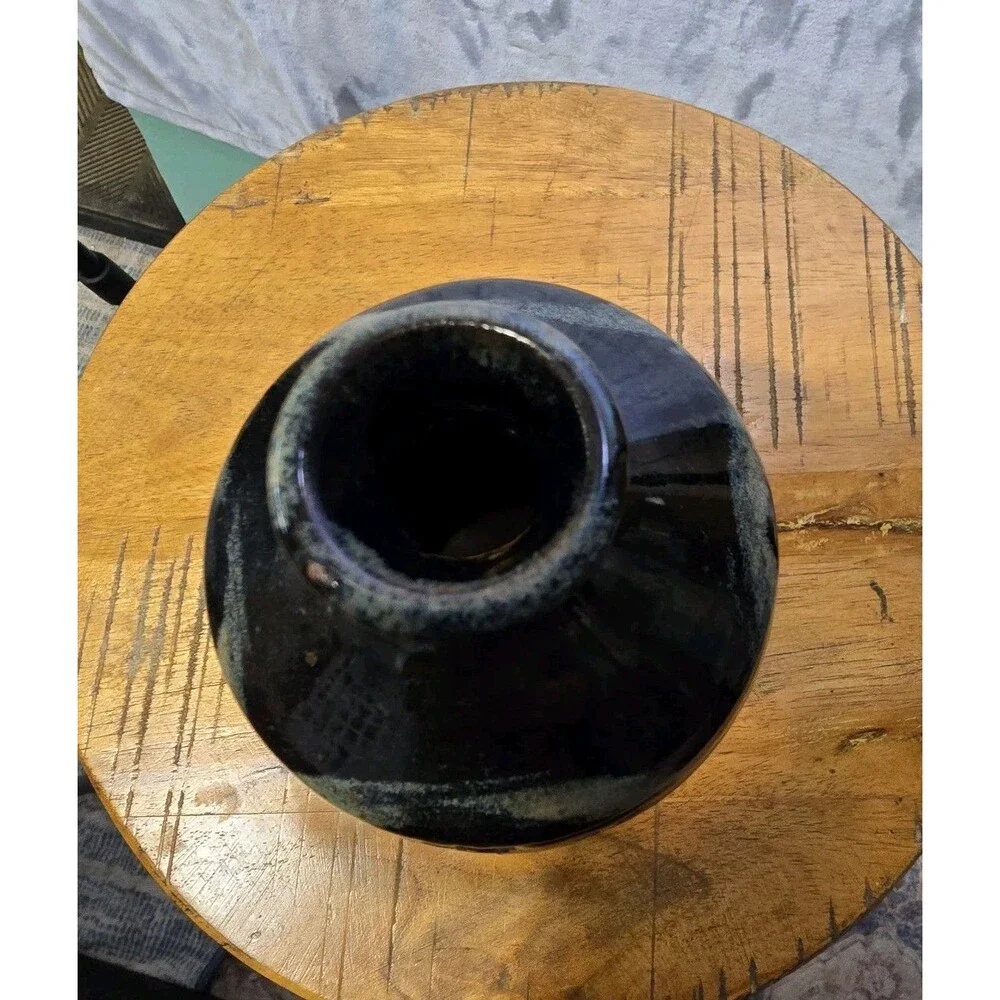 Midnight Sun Pottery Garold Amsberry Ceramic Candle Holder Black Green Marbled